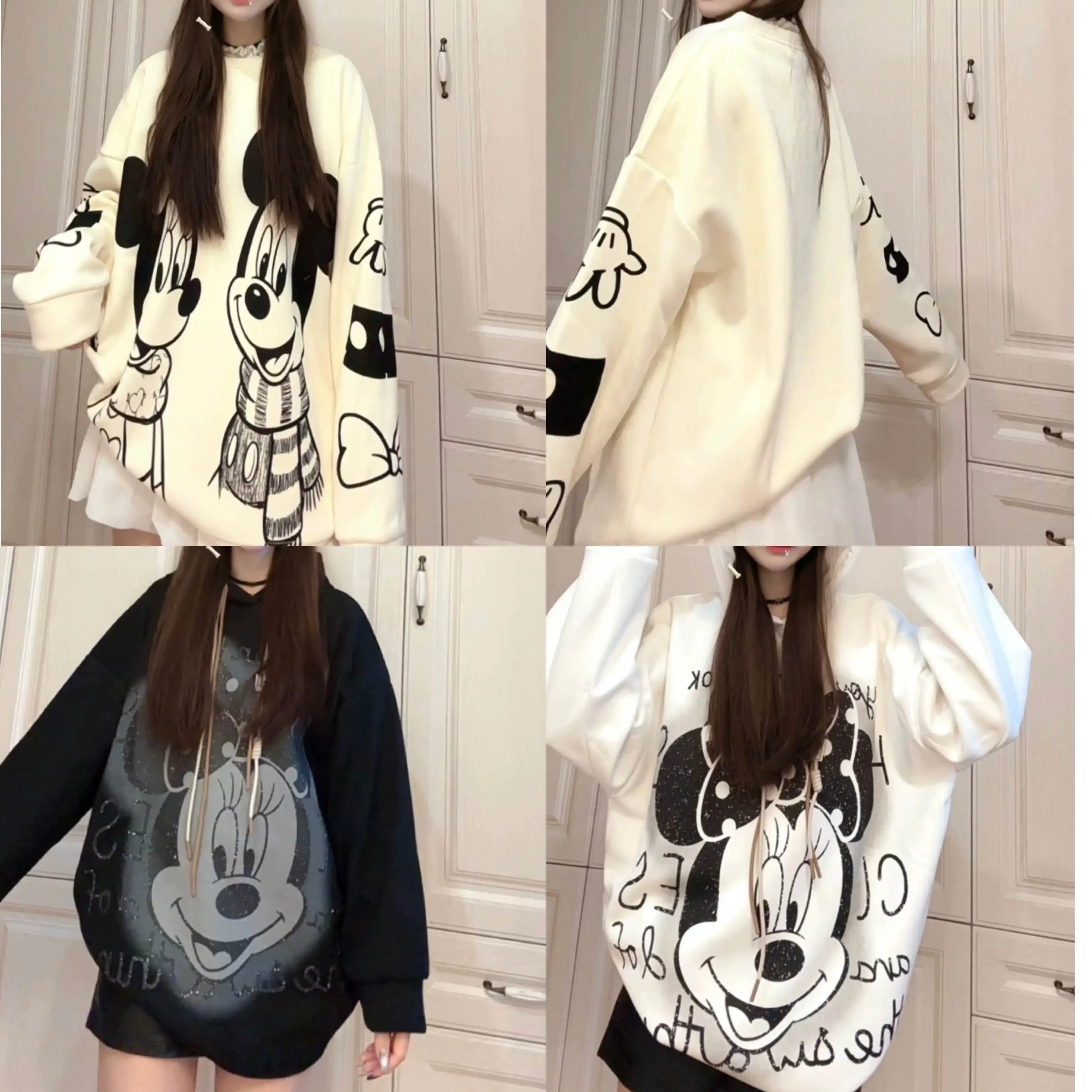 

European and American new loose Mickey print round neck sweatshirt T-shirt casual fashion with fleece autumn and winter styles