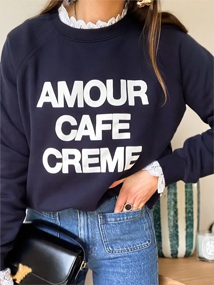 Letter Print Sweatshirt Autumn Winter Women Round Neck Long Sleeve Origanic Cotton Pullover Female Vintage Casual Sweatshirts