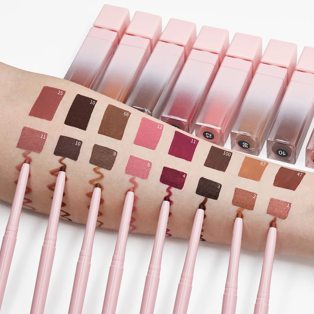 Private Label Lipstick Lipliner Kit Custom Logo Matte Waterproof Non-stick Lipgloss Lip Liner Waterproof Natural Color Makeup