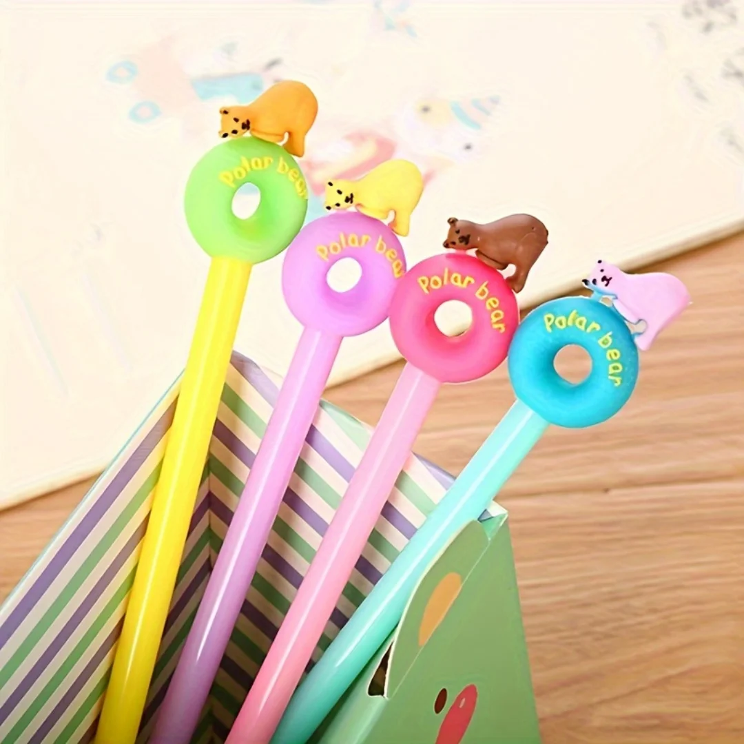 Cute Jelly Color Polar Bear Donut Gel Pens, Cartoon Student Writing Pens, Black Ink Ballpoint Pens for Office & Journaling