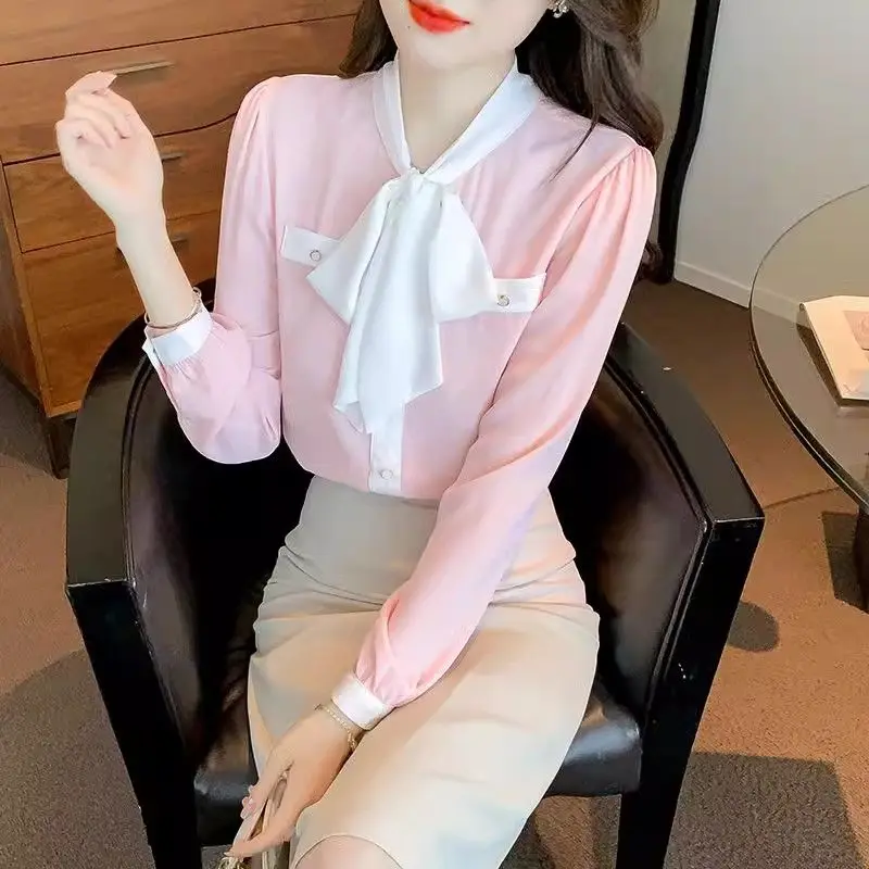 2024 Autumn Women\'s Casual Fashion Elegant Commuting Solid Color Button Fashion Style Pink Chiffon Shirt Long Sleeve Top