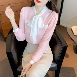 2024 Autumn Women's Casual Fashion Elegant Commuting Solid Color Button Fashion Style Pink Chiffon Shirt Long Sleeve Top