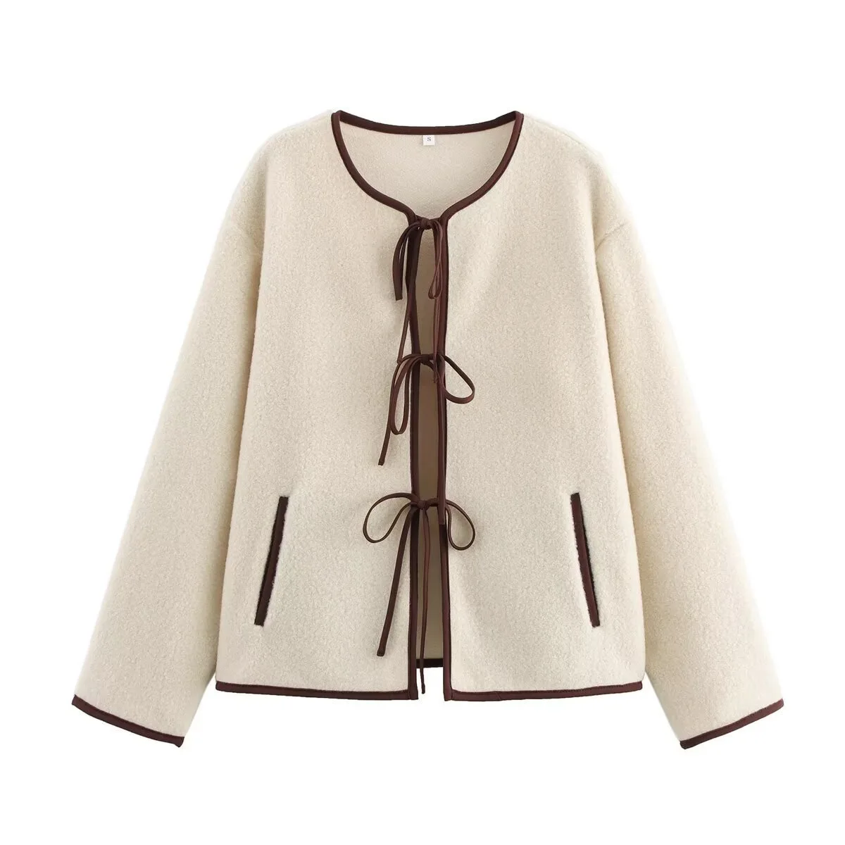 Round Neck Contrast Binding Fleece Jacket Front Self Tie Bow Closure Side Pockets Loose Long Sleeve Casual Short Coat 260602