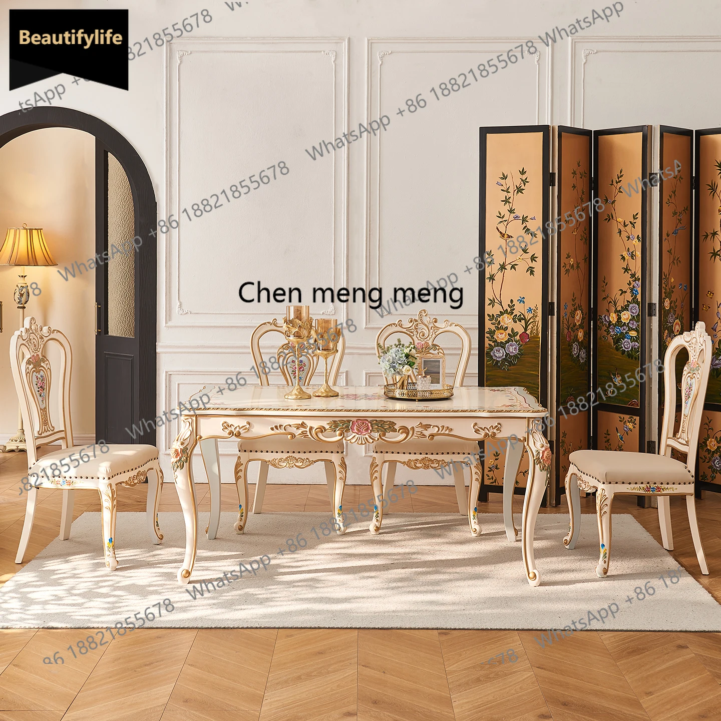 A139 French palace restaurant all solid wood carving hand-painted flowers European-style villa dining table and chair combinatio