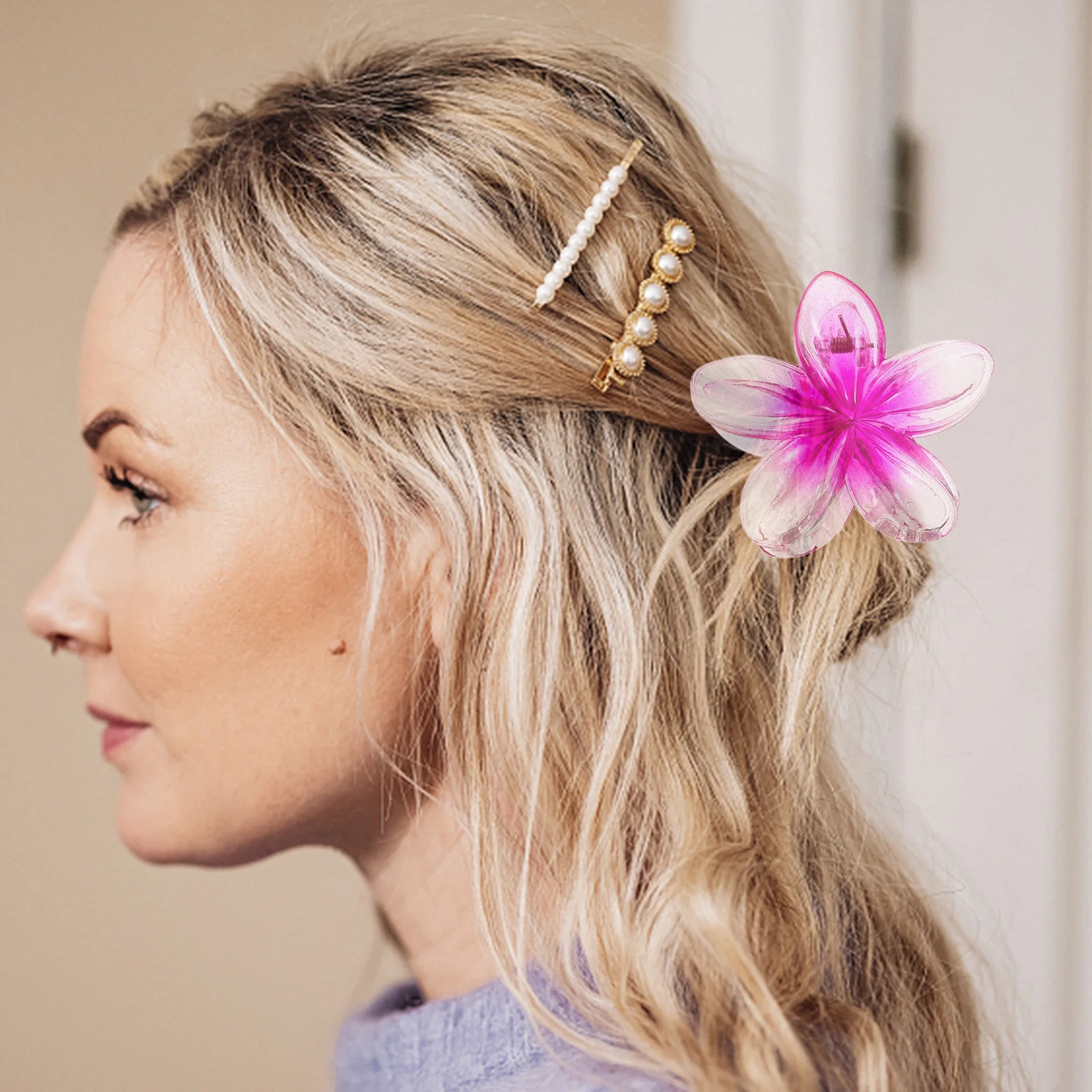 

4Pcs Flower Hair Claw Clips Large Bright Plumeria Non Slip Design Strong Hold for Thick Thin Hair Hairstyle Beach Vacation