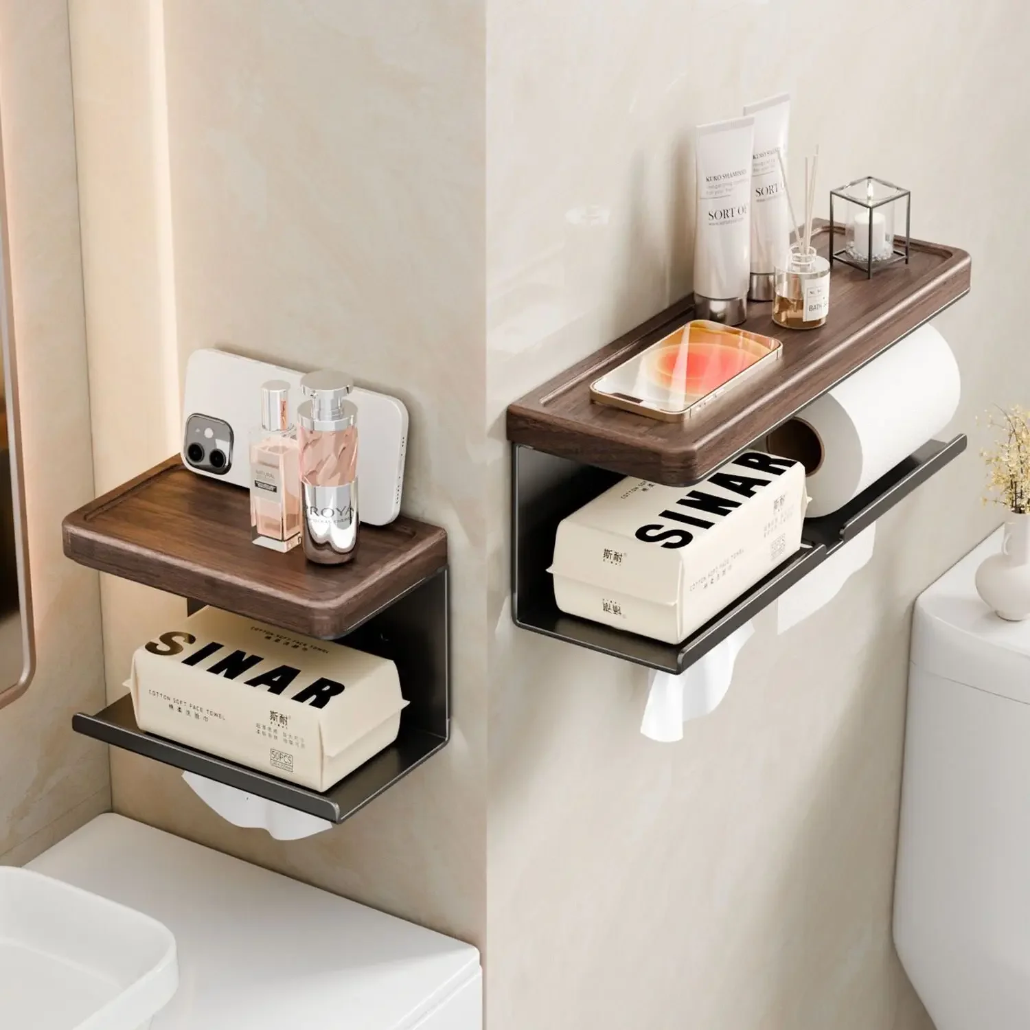 Imitation‑Wood‑Grain Wall‑Mounted Toilet‑Paper Holder, Punch‑Free Bathroom Tissue Box,  for Restroom Home Use