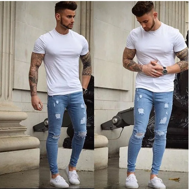 

New men's pants 2021 autumn brushed white and worn-out style slim-fit denim pants for men European style tight-fitting denim