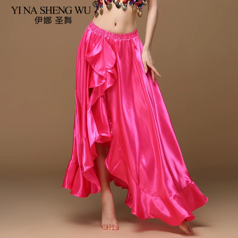Bauchtanz Seite Ziehen Lange Satin Rock Dame Bauchtanz Röcke Frauen Sexy Orientalischen Bauchtanz Rock Professionelle 7 farben