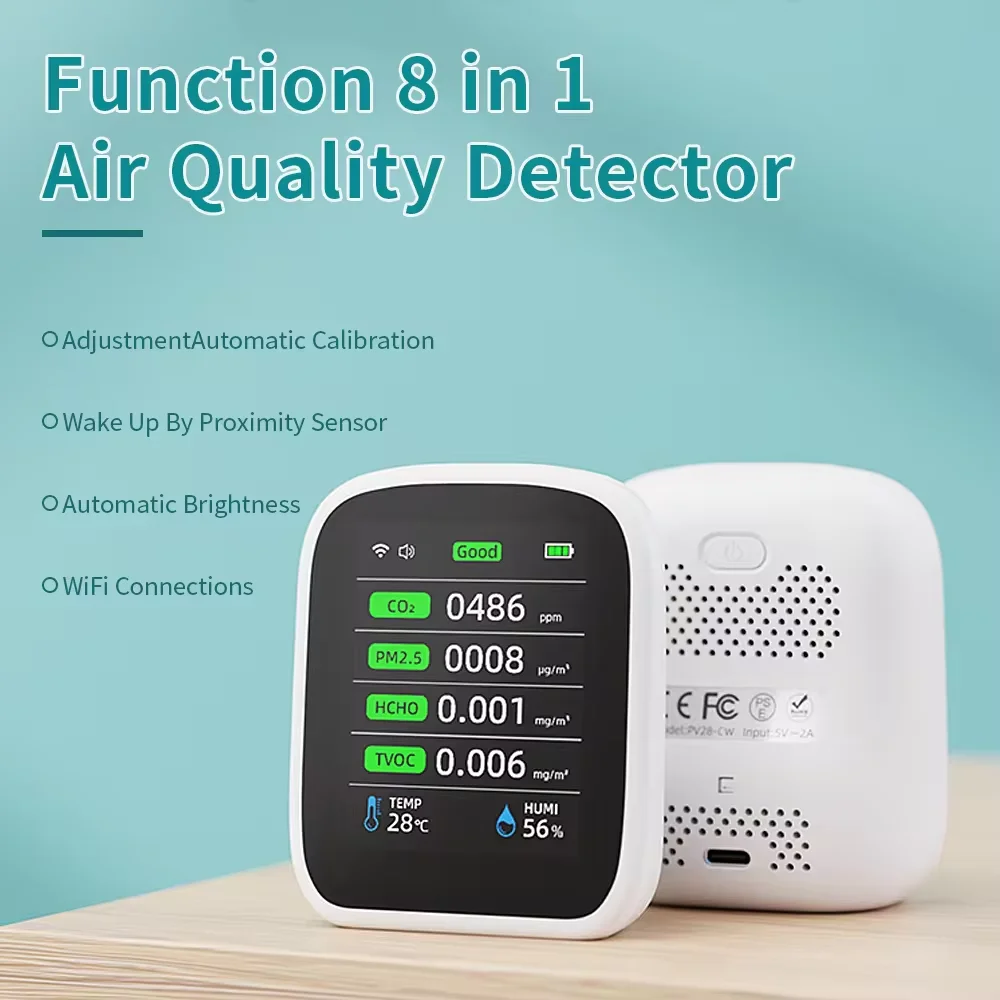 Nieuwe PV28-CW Smart Multifunctionele Digitale WiFi 8 in 1 Tuya PM2.5 Luchtdetector Indoor Luchtkwaliteit Monitor voor Thuis Kas