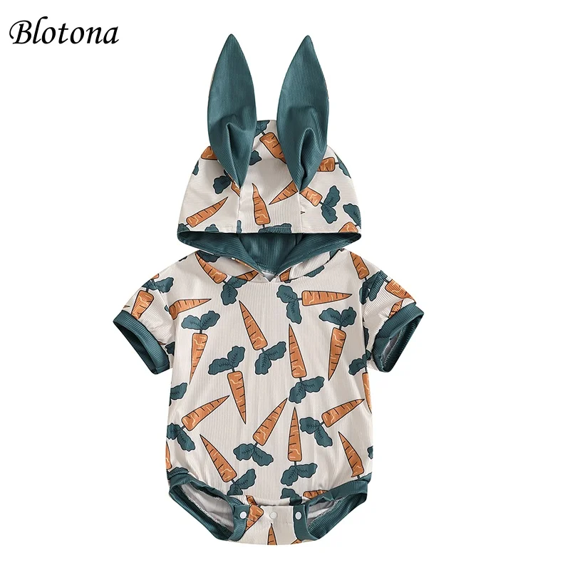 

Blotona Cute Baby Romper, Short Sleeve Bunny Ears Hooded Carrot Print Spring Summer Bodysuit Easter Clothes for Girls Boys