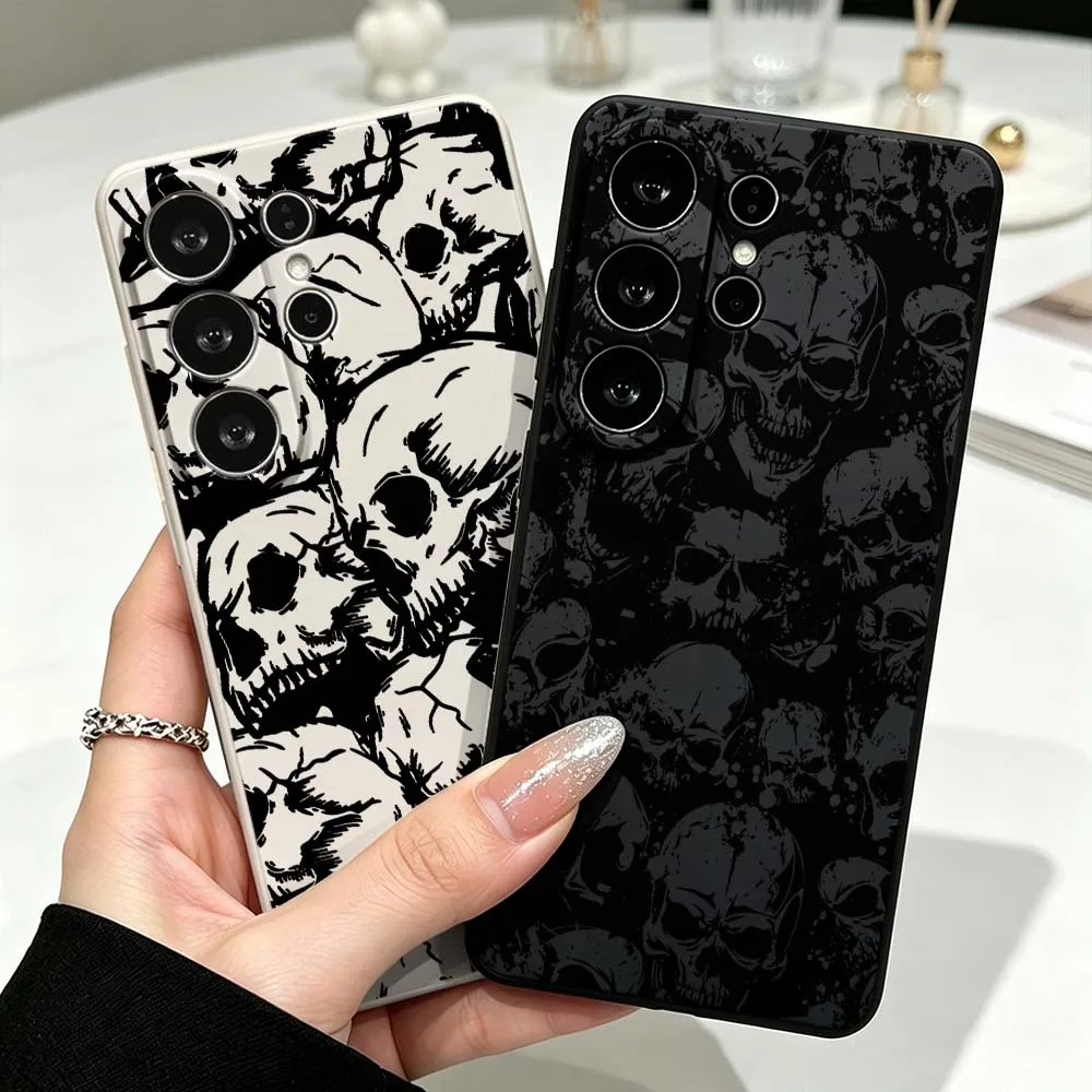 Design Black Skull Pattern Phone Case For Samsung Galaxy S26 S25 S24 S23 S22 S21 Ultra Plus FE Soft Silicone Liquid Cover