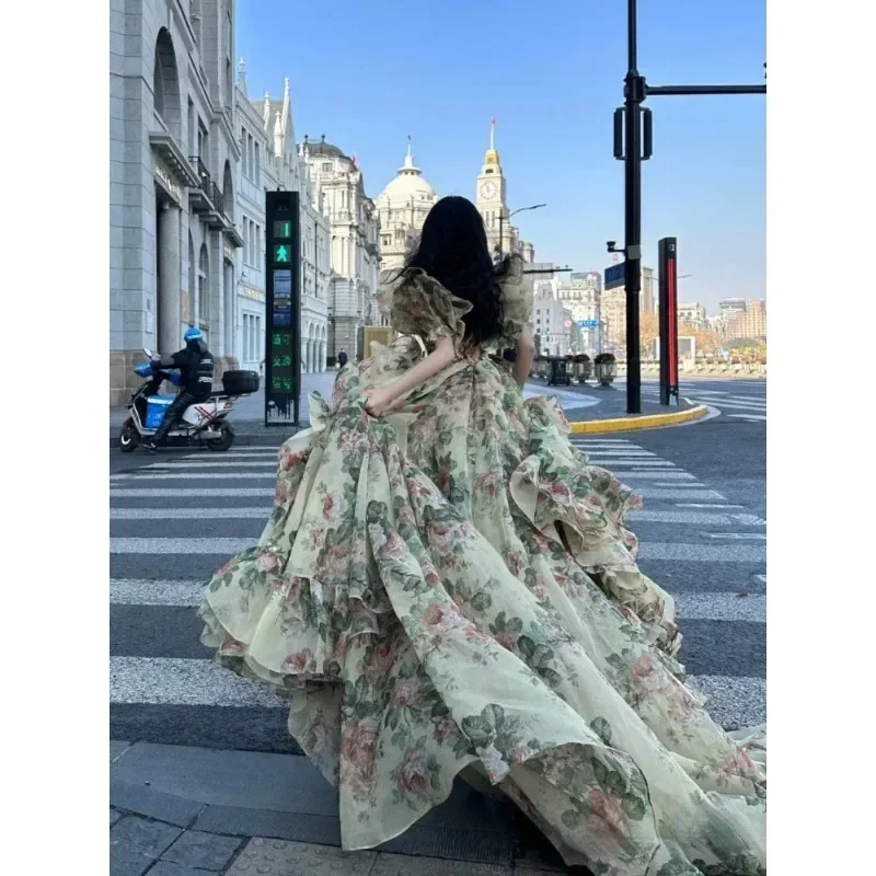 2024 Spring Princess Elegant Dress Women Puff Sleeve Print Y2k Evening Party Dress Female France Vintage Chic Irregular Clothes