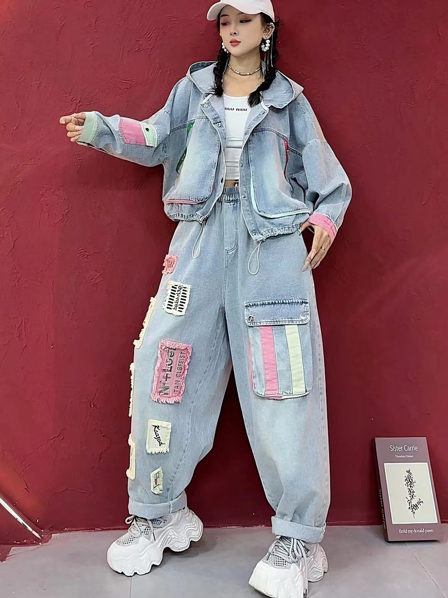 

Роскошный джинсовый модный комплект Street Sle, женские брюки с капюшоном Jaet Color Blo Harlan, длинные брюки Faionable ort Length Cotto...