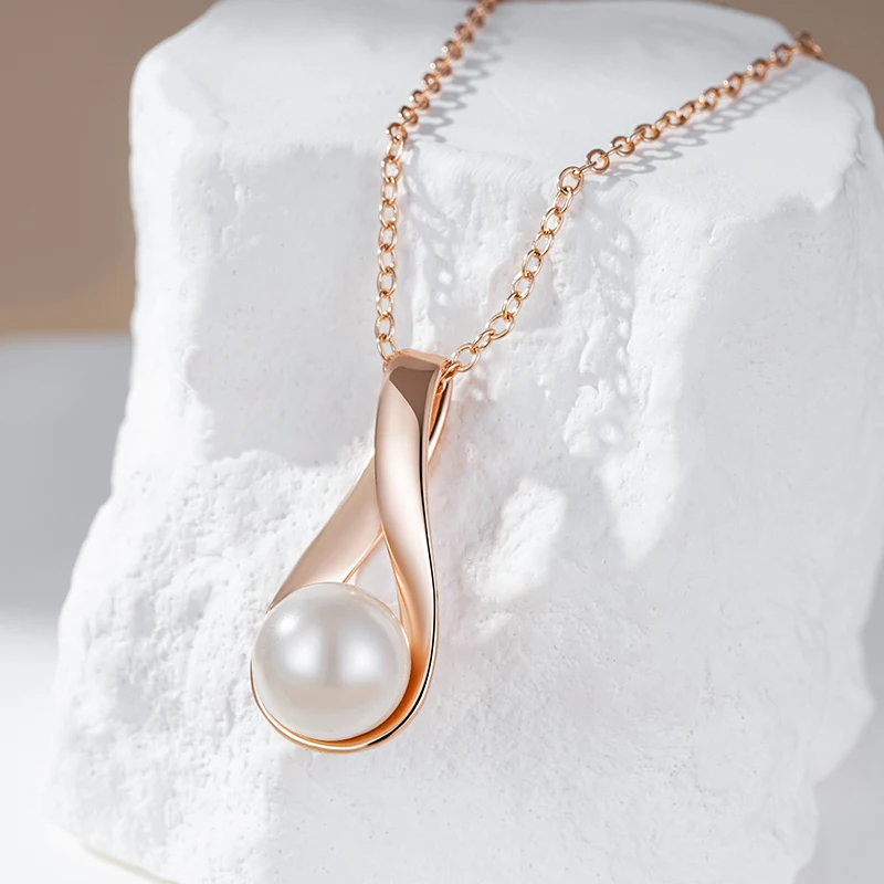 Kinel Luxury 585 Rose Gold Pendant Necklace for Women Unique Geometric Hollow Pearl Bridal Wedding Jewelry Daily Wear Gift