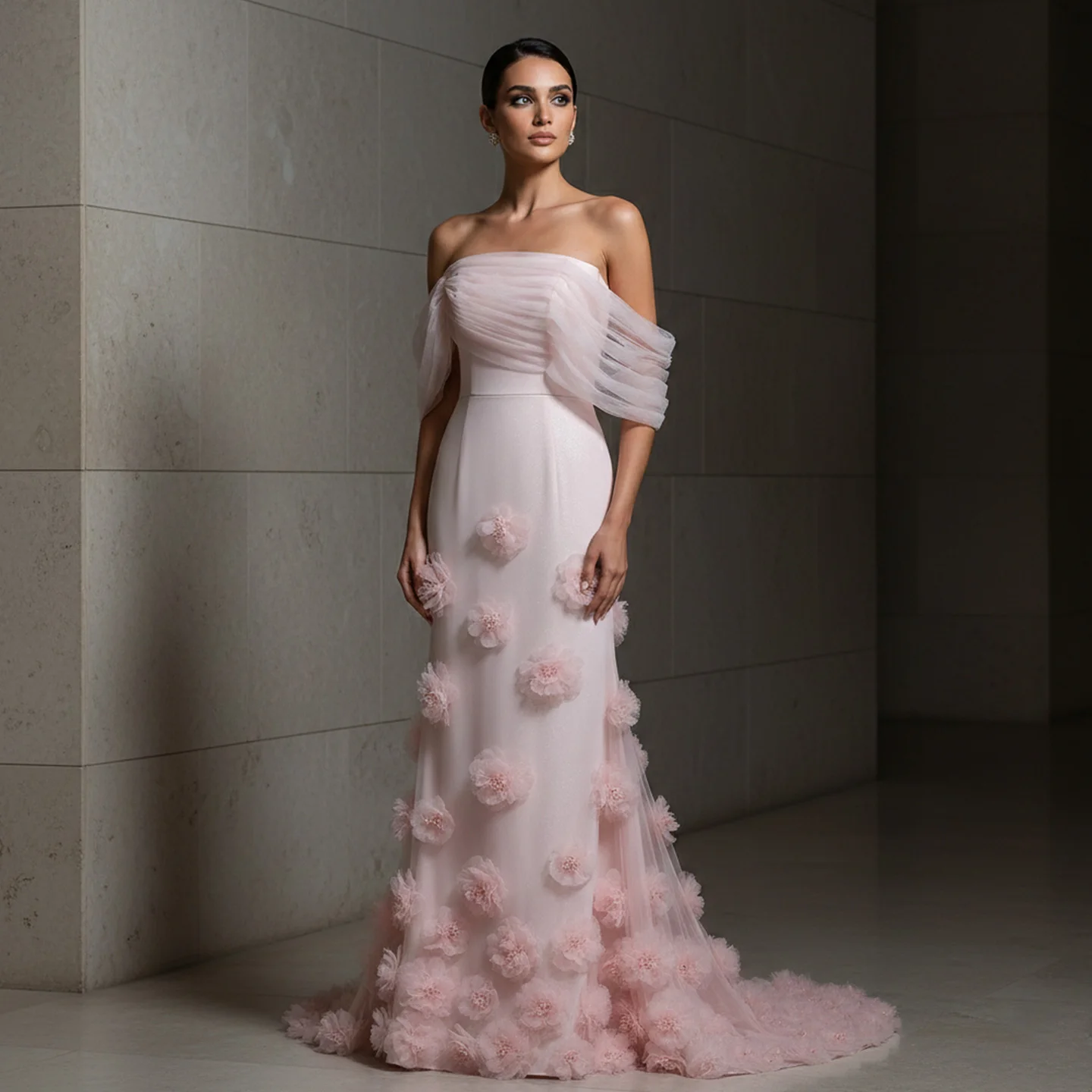 Sharon Said Elegantes Hellrosa Schulterfreies Abendkleid mit 3D-Blumenapplikationen aus Tüll, Formelles Hochzeitskleid für Damen SF383 Maßanfertigung