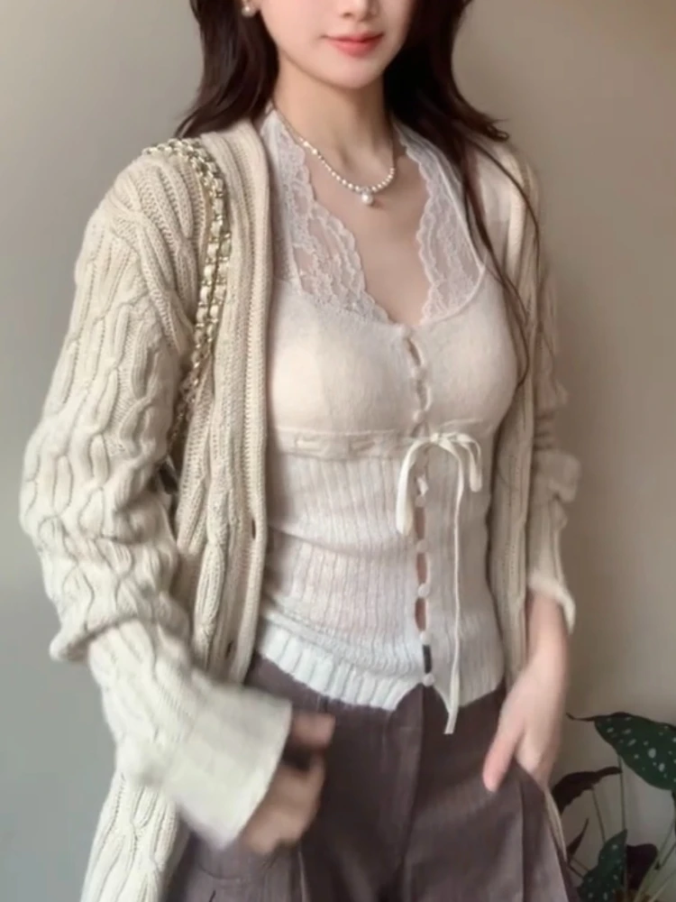 مثير متماسكة أعلى مجموعة المرأة الخريف خمر نمط قطعتين مع الدانتيل الرسن كامي وسترة ضئيلة U الرقبة أزياء أنيقة الزي