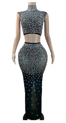 Sexy Women Sleeveless Dresses Fashion High Collar Diamond Crystal 2 Piece Mesh Outfit Set Lady Elegant Night Party Long Dress