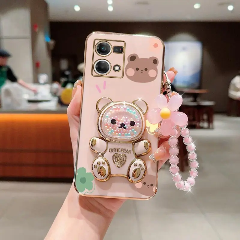 Reno7 Reno2 Flower Strap Lanyard Cute Bear Phone Holder Case On For Oppo Reno 7 2 Z 2Z 3 4 5 5K 6 6Z SE Pro 4G 5G Stand Cover