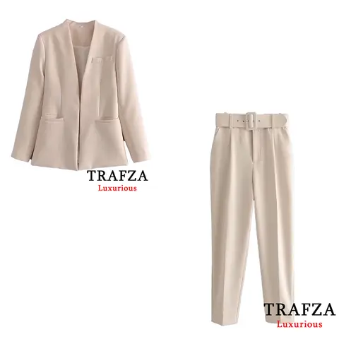TRAFZA Office Lady Beige Women Suits Long Sleeve V Neck Oversized Blazer+High Waist Wide Leg Pants Fashion 2025 Vintage Sets
