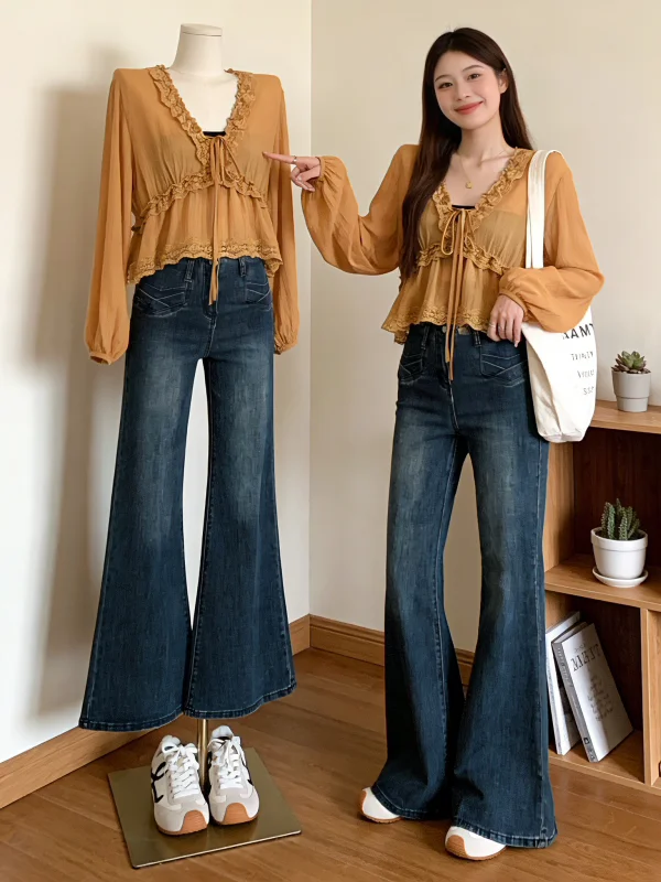 

Elegant V-Neck Shoulder Length Chiffon Shirt Women's Beautiful Small Top Spring New Style Pumpkin Orange Lace Trim Fat MM