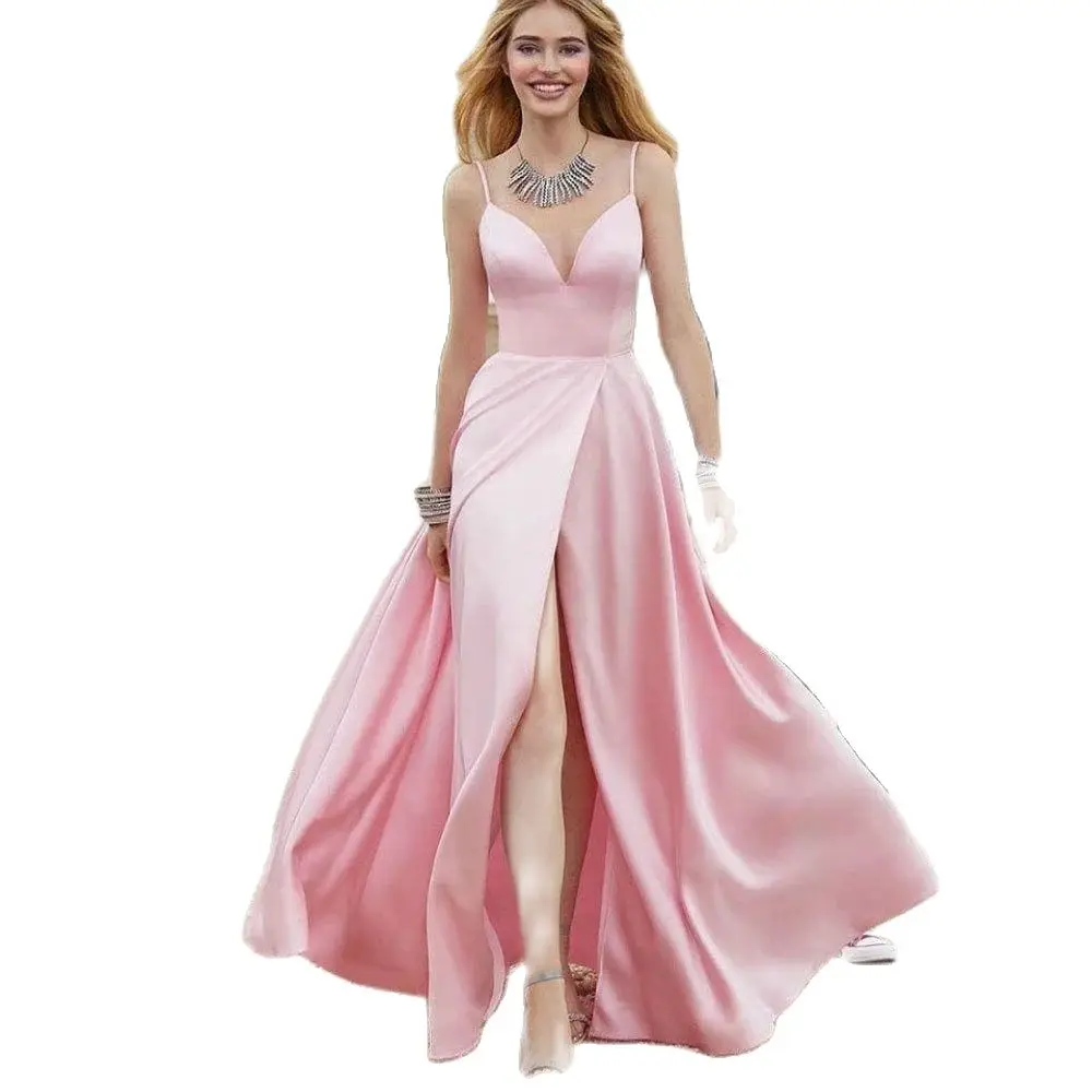 Pink Spaghetti Strap Wedding Dresses, Sexy Prom Evening Gowns, High Slit, V Neck, Beach Garden Ocasions, Verão