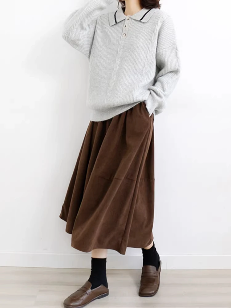 الرجعية سروال قصير ميدي ألف خط تنورة المرأة الخريف الشتاء جديد Sle عالية الخصر التخسيس تنورة طويلة مظلة تنورة