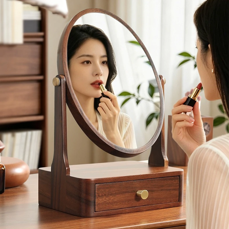 Walnut desktop vanity mirror with drawer 360 ° rotating high definition desktop vanity mirror solid wood storage mirror