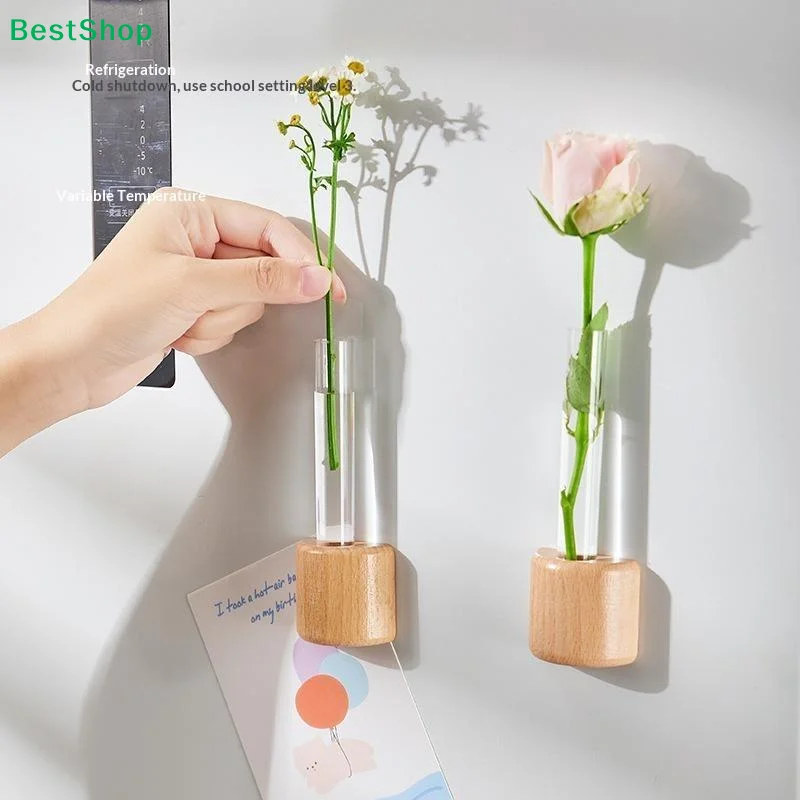 〔Q〕Magnetic Test Tube Vase Fridge Magnet Wooden Base Water Plant Propagation Tube Wall Hanging Mini Flower Vase For Home Decor