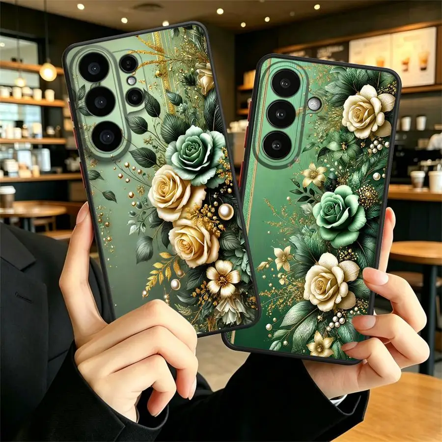 Funda Back Phone Cover Case for Samsung Galaxy S26 S22 Note 20 Ultra 10+ S21 S24 Plus S20 FE S23 FE S25 Ultra Green Rose Flora