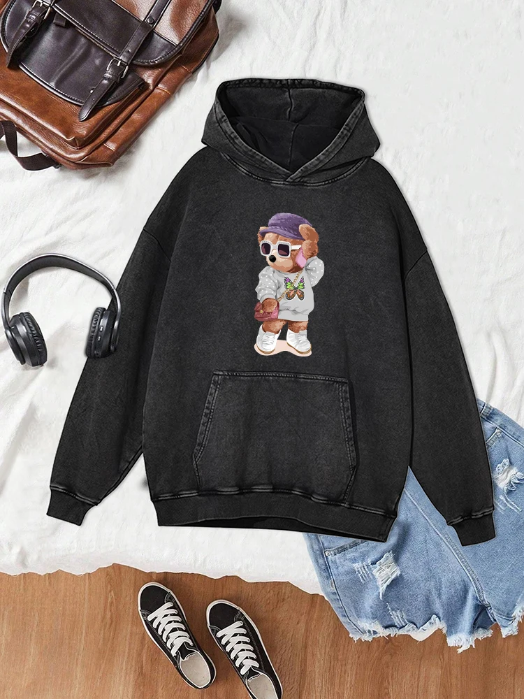 Cute Little Bear Sister Printed Women Washed Cotton Hoodie Harajuku Casual Hoody Autumn Warm Vintage Tops Fashion Loose Hooded