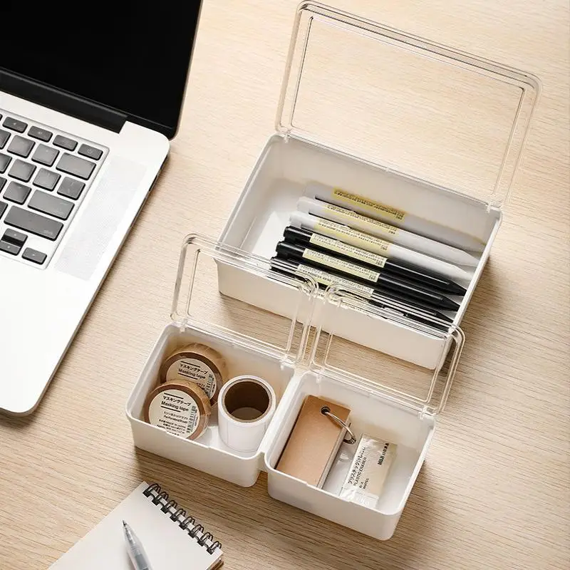 Double-Open Transparent Lid Storage Box - Multi-Purpose Organizer Container For Stationery, Cosmetics & Home Small Item Tidy