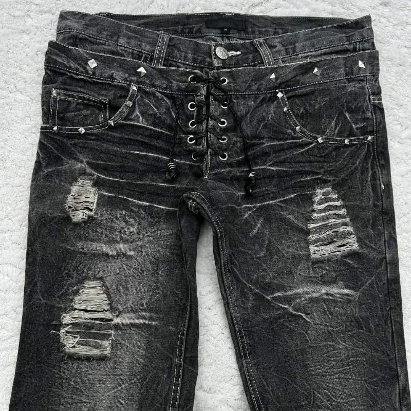 retro double waisted lace up micro flared women pants streetwear Y2K washed high-quality design sense men and women jeans