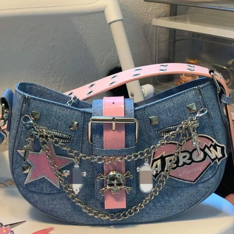 Fashion Gothic Vintage Denim Star Women Handbags Personality Punk Skull Chain Crossbody Bag Y2k Aesthetic Harajuku Shoulder Bags