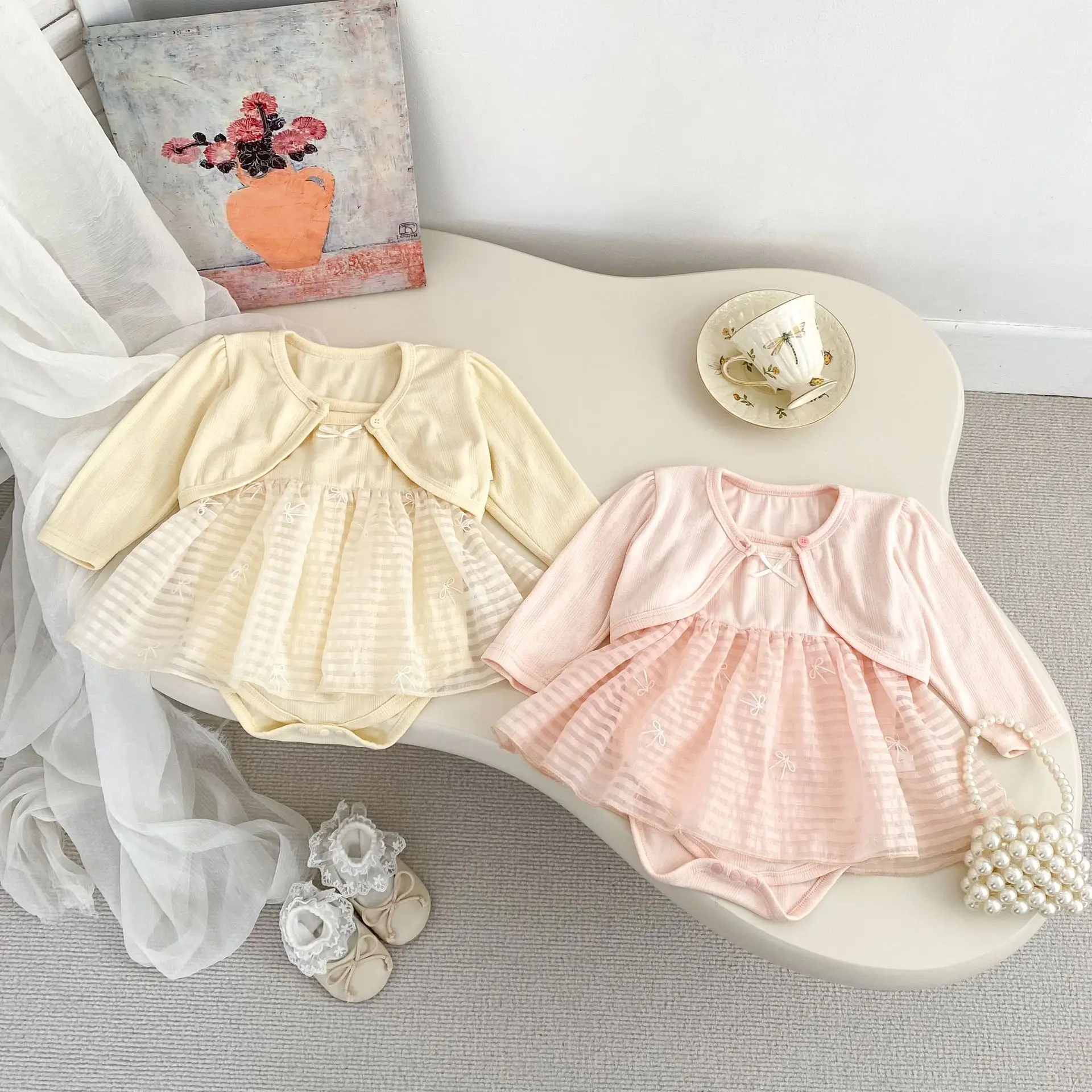 

Baby Girl Summer Two-piece Cute Princess Bow Mesh Suspender Bag Fart Skirt+sun Protection Air Conditioning Shirt Set