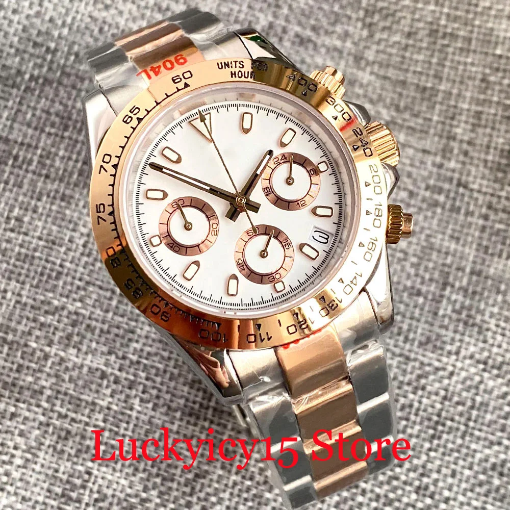 39MM Rose Gold/White/Black Dial Chronograph VK63 Quartz Multi-Function Men's Watch Bracelet Sapphire Glass
