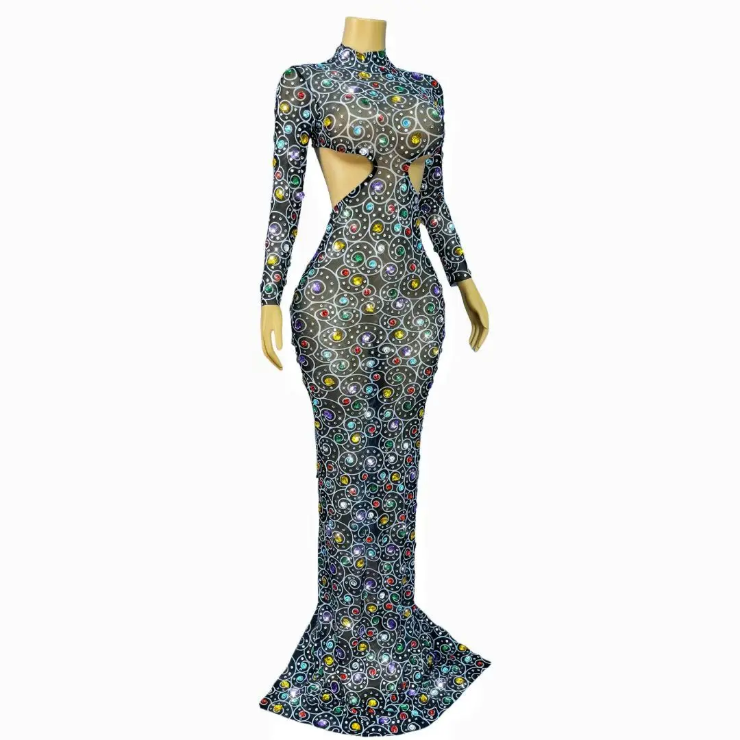 豪華なキラキラ輝くカラフルなラインストーンプリントメッシュドレス、カットアウトマキシ丈ロング、伸縮性のあるランウェイセレブリティイブニングパーティーガウンコスチューム