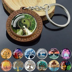 Life Tree Keychain Yin Yang Tree of Life Glass Dome Vintage Wooden Pendant Key Chain for Women Men Fashion Jewelry Keyring Gift