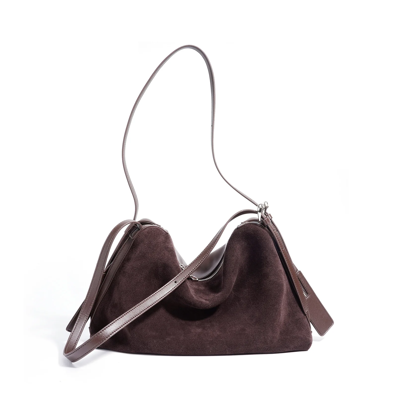 Damen-Einkaufstasche aus Wildleder mit Spleißen, Spaltleder, neues Nischendesign, Vintage-Stil, großes Fassungsvermögen, modische Achsel-Umhängetasche für Pendler
