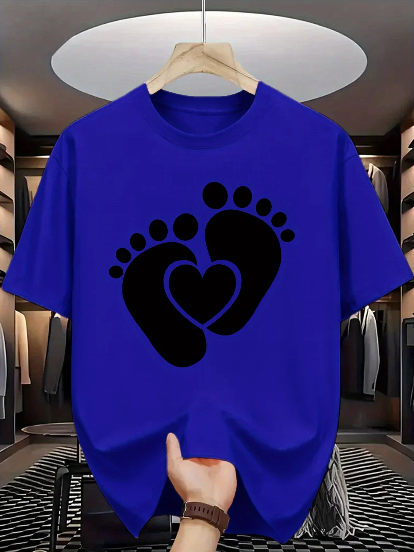Men's summer casual short-sleeved T-shirt, with heart-shaped and footprint pattern prints, regular round-neck style