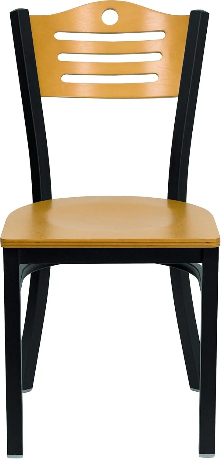 Black Slat Back Metal Restaurant Chair, Natural Wood Back e Seat, Pack 2