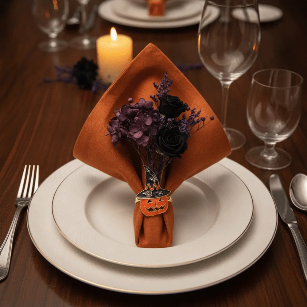 6pcs Enamel Metal Pumpkin Napkin Ring Vibrant Orange Durable Base Witch Hat Buckle Lightweight Smooth Edge Halloween Table Decor