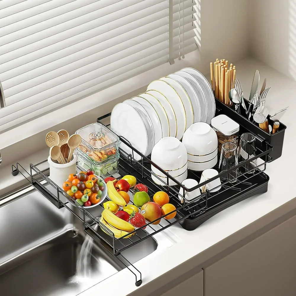 Extendable Dish Drying Rack,Large Drying Dish Drainer for Kitchen Counter, Stainless Steel Dish Strainer with Utensil Rack