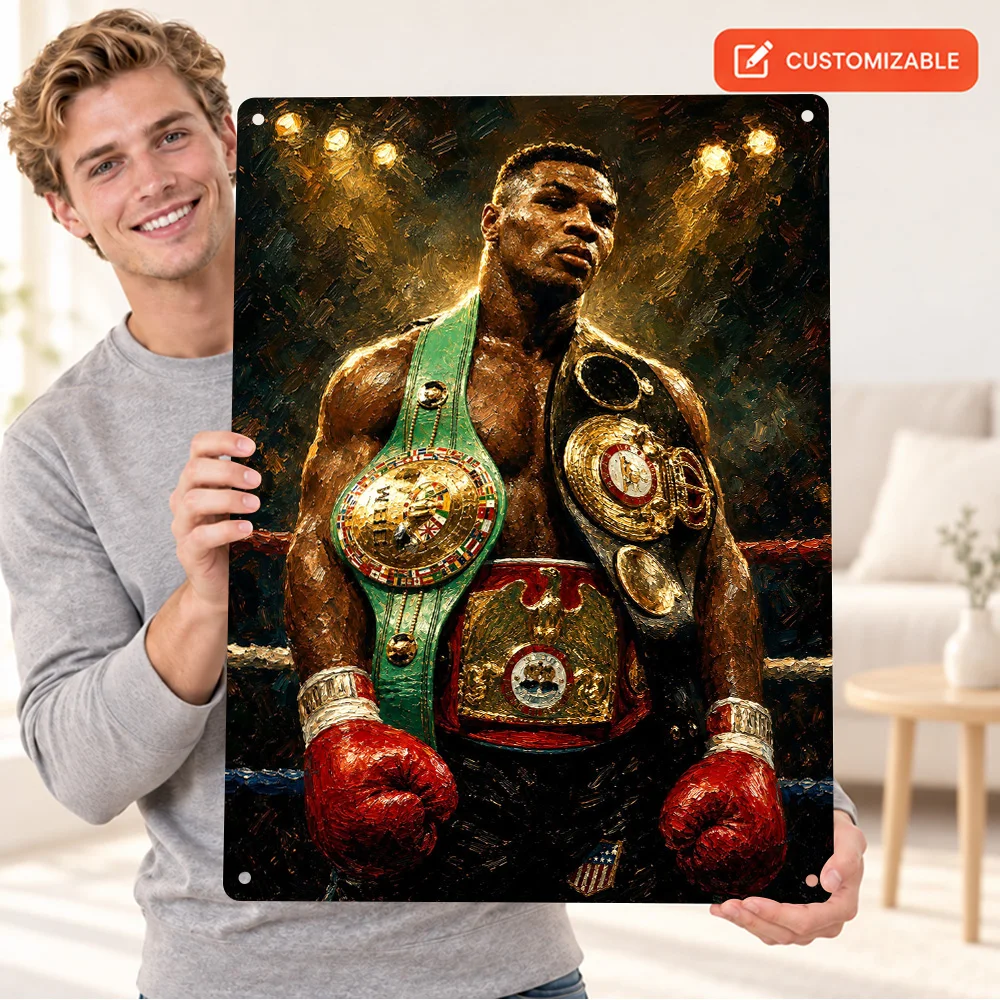 Mike Tyson Championship Belts Printed Poster Customized Aluminum Metal Sign Gold Plates Black Straps Wall Art For Training Room