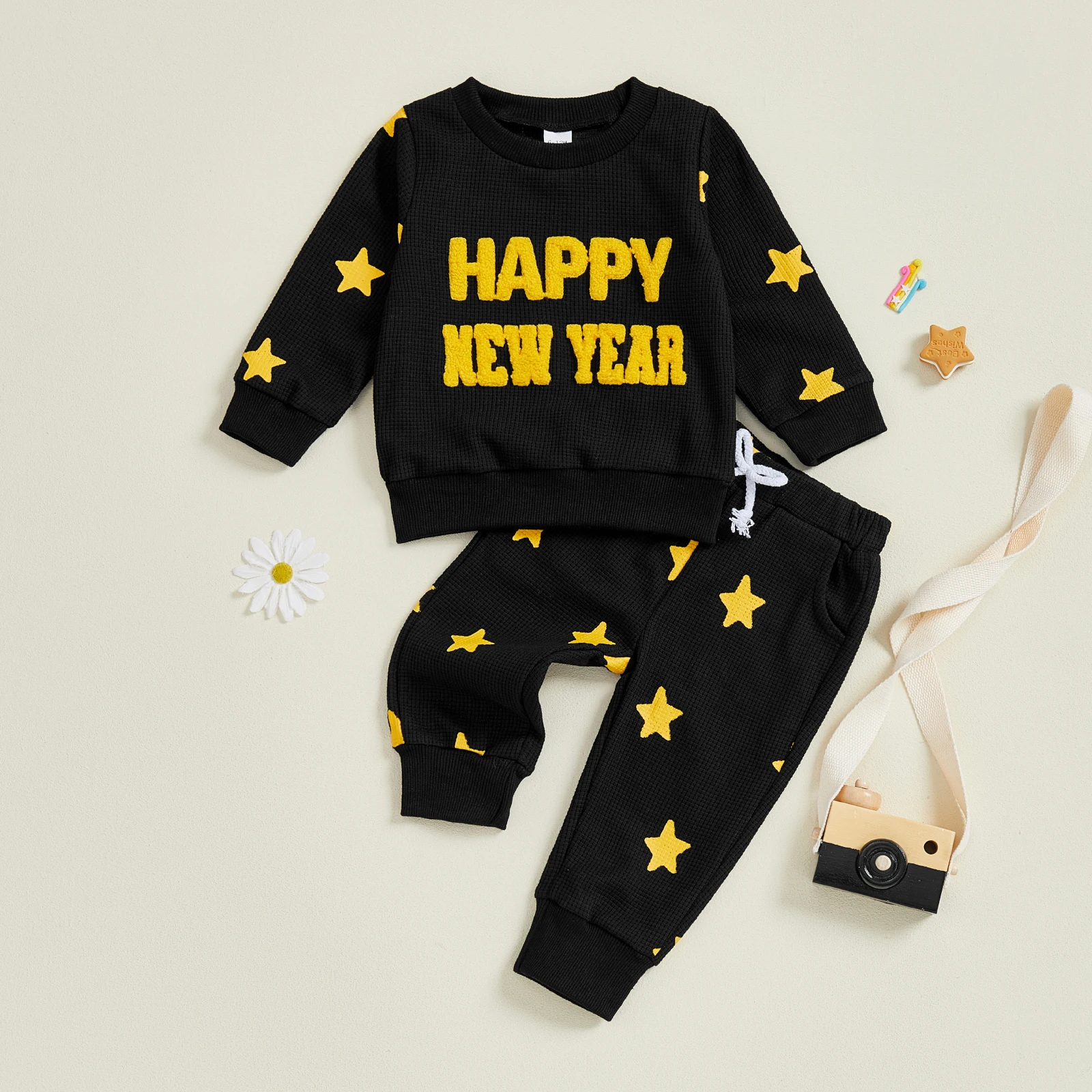 

Toddler Baby New Years Outfits Fashionable Long Sleeve Letters Embroidery Pullover with Stars Print Pants 2Pcs Clothing Set
