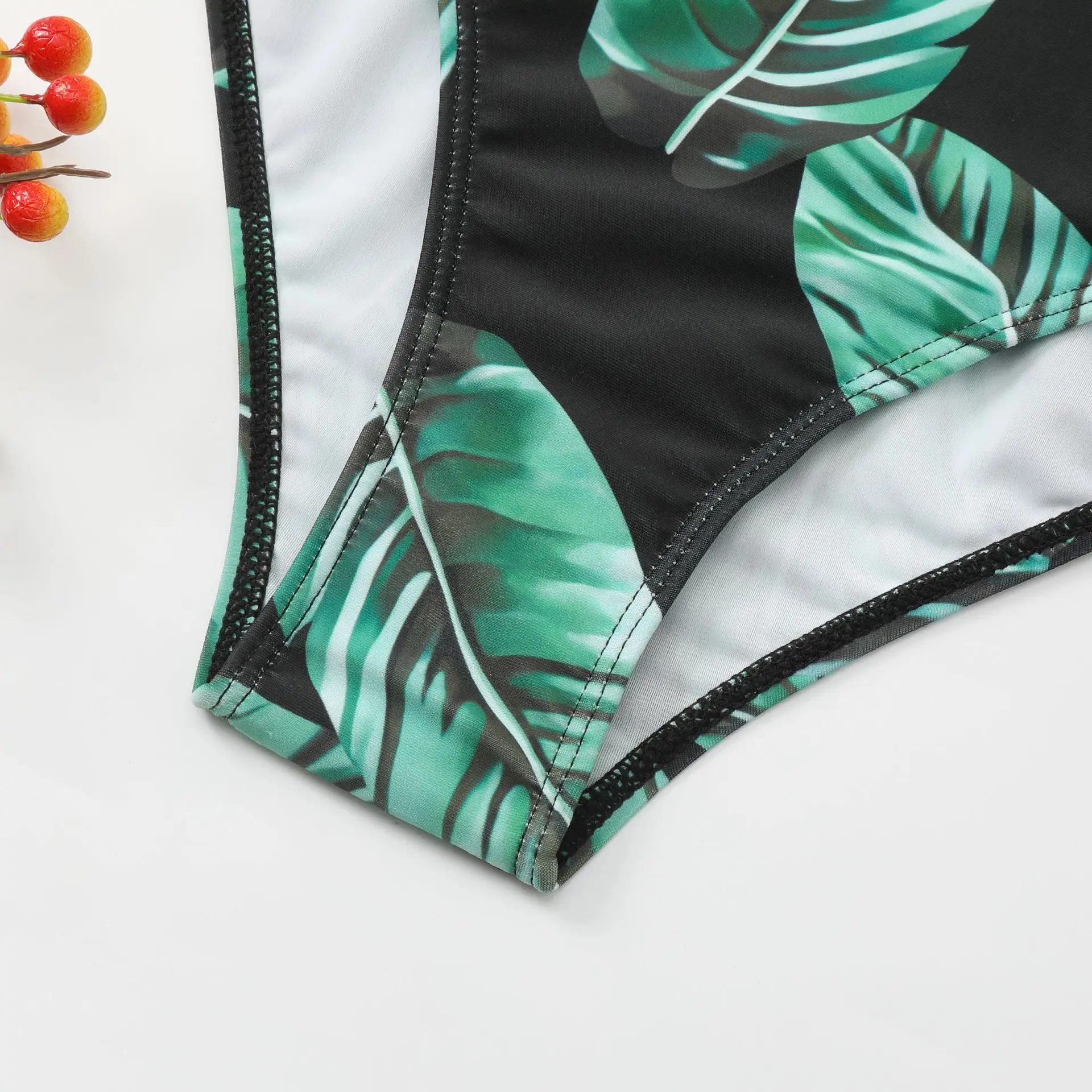 2024 New Summer Leaf Pattern Women Swimsuit Halter Bandage Bikini Set Backless Tie-up Swimwear High Waist Push Up Bathing Suits