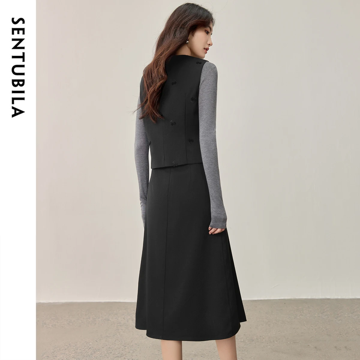 Sentubila colete saia ternos roupas de escritório feminino 2025 outono cereja bordado colete curto plissado saia linha a 153za2655