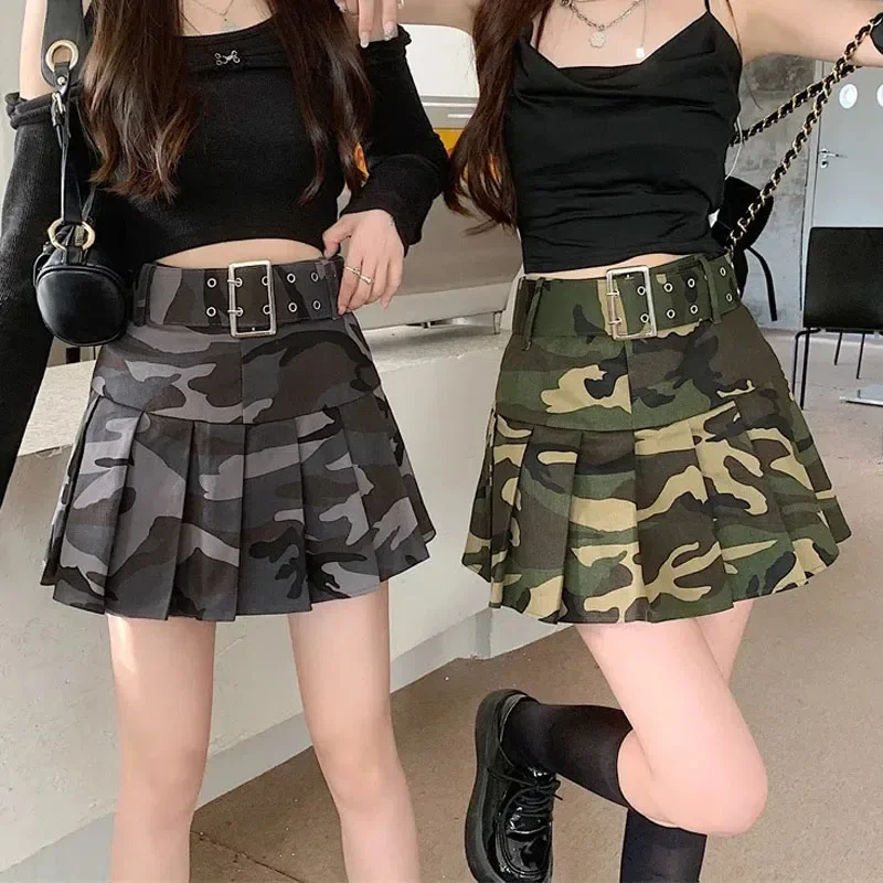 Mexzt Camouflage Vintage Women Cargo Mini Skirt Fashion Belt High Waist Pleated A-Line Skirt Female Streetwear Sexy Skirt New