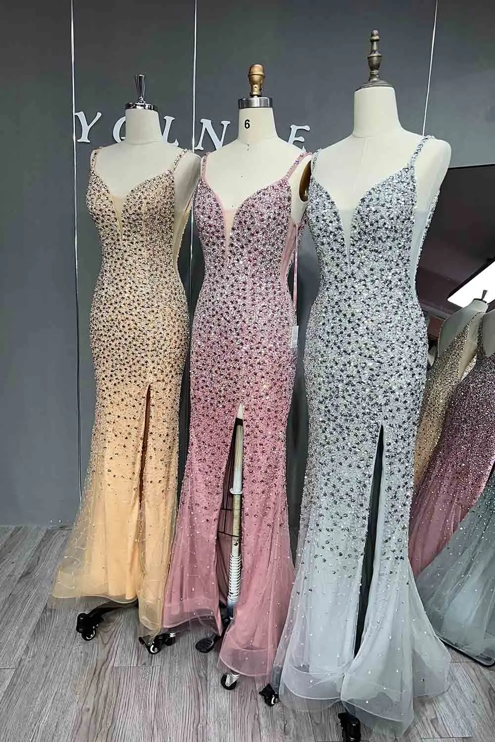 Luxury Vestidos Silver Rhinestones Evening Dresses Mermaid Straps Tulle Crystals Beaded Women Party Gown YQLNNE