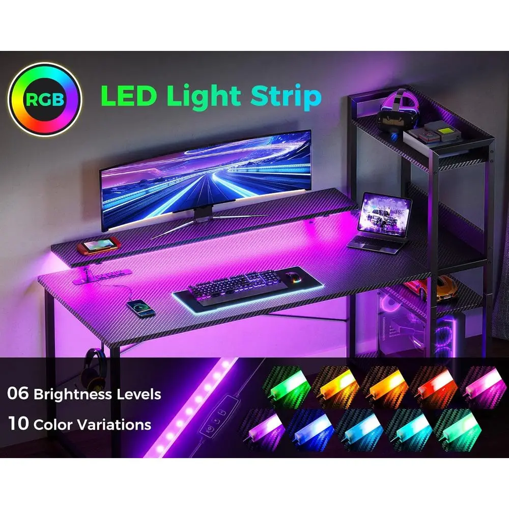 مكتب ألعاب قابل للعكس مع منافذ طاقة وأضواء LED، مكتب كمبيوتر مقاس 48 بوصة مع أرفف تخزين وحامل شاشة، حديث مع