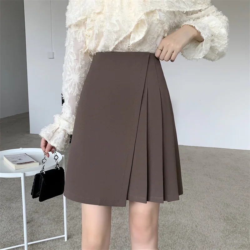 High Waist Skirt Women's Spring and Autumn Belly Covering Irregular Pleated Skirt Mid-Length Wide Thick Legs A- Line ZL819